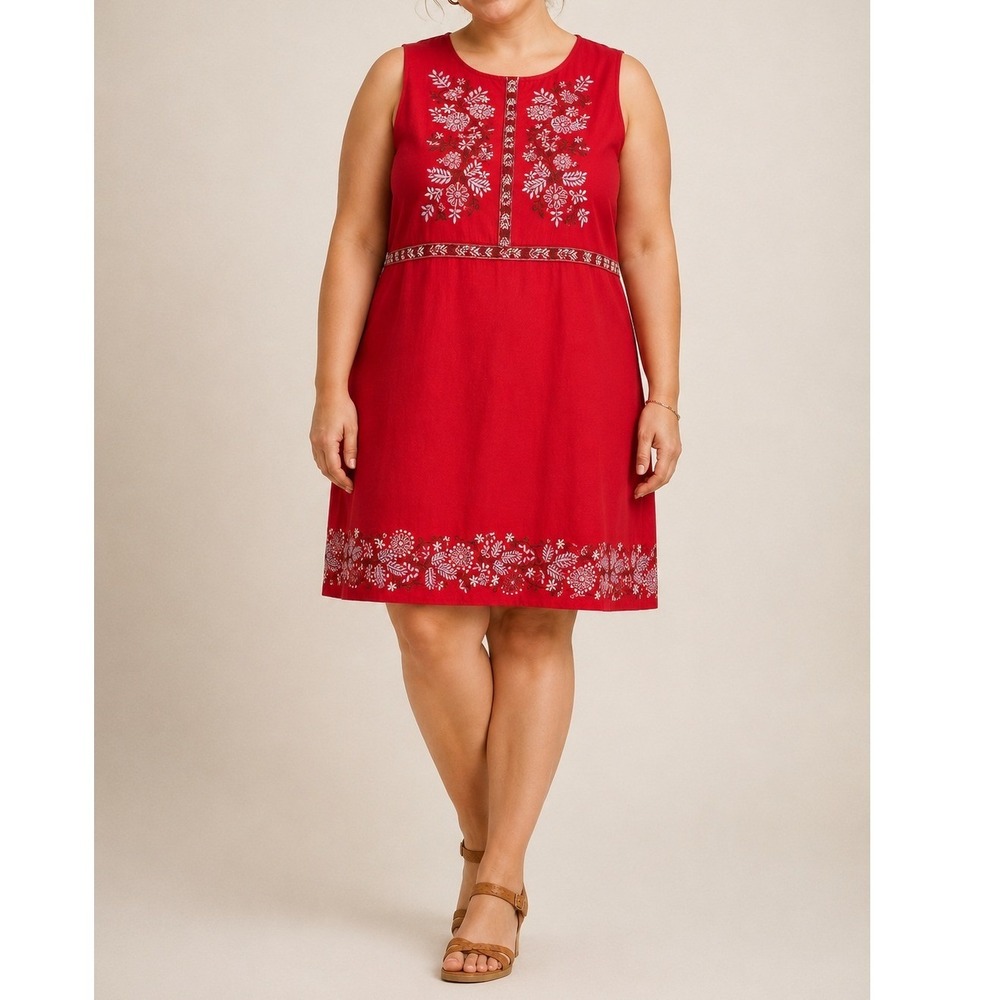 Anthropologie Aiko Embroidered Lyocell Linen Red Shift Dress Plus Size 20W Boho